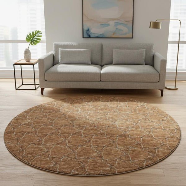 HomeRoots 8' Washable Round Rug in Rust and Ivory - Durable, UV-Protected, Geometric Design for Any Space 676065