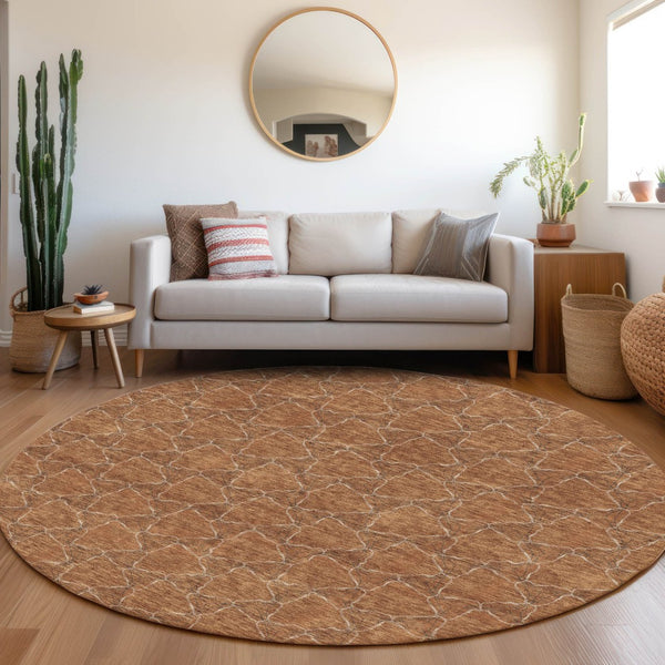 HomeRoots 8' Washable Round Rug in Rust and Ivory - Durable, UV-Protected, Geometric Design for Any Space 676065