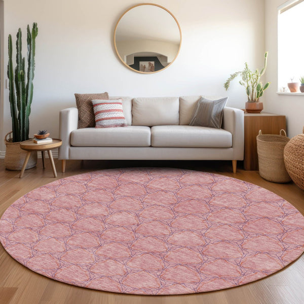 HomeRoots 8' Vibrant Pink and Purple Geometric Round Rug – Washable, UV-Protected, Soft & Stylish Accent Piece 676071