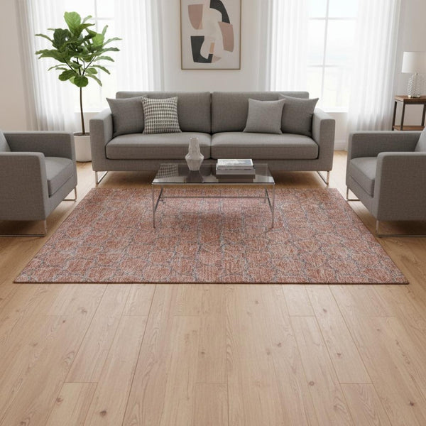 HomeRoots 5' X 8' Salmon Ivory & Blue Geometric Area Rug – Washable, UV Protected, Family-Friendly Style! 676076