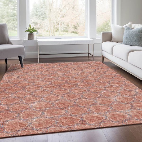 HomeRoots 5' X 8' Salmon Ivory & Blue Geometric Area Rug – Washable, UV Protected, Family-Friendly Style! 676076