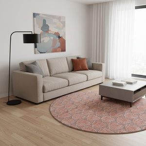 HomeRoots 8' Salmon Ivory and Blue Geometric Round Rug - Washable, UV Protected, Perfect for High-Traffic Areas 676077