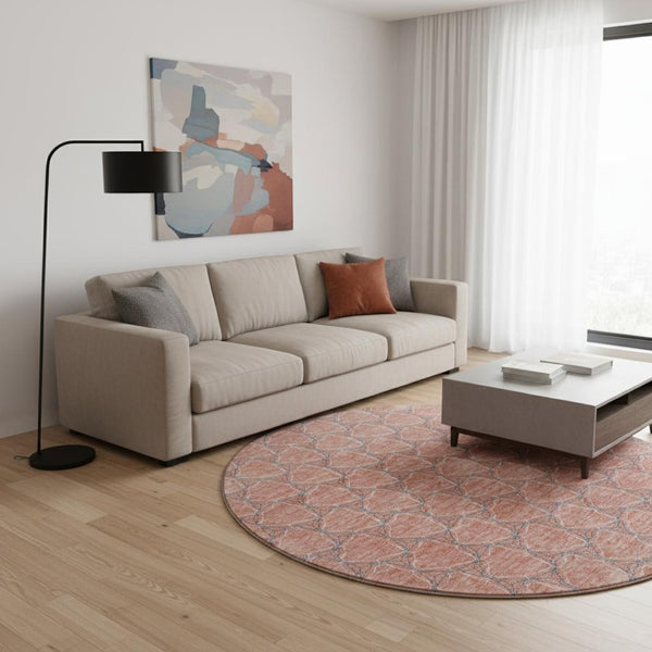 HomeRoots 8' Salmon Ivory and Blue Geometric Round Rug - Washable, UV Protected, Perfect for High-Traffic Areas 676077