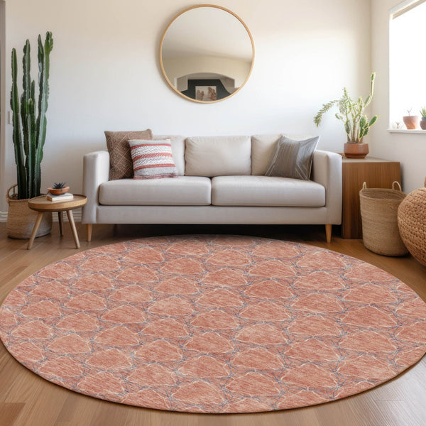 HomeRoots 8' Salmon Ivory and Blue Geometric Round Rug - Washable, UV Protected, Perfect for High-Traffic Areas 676077
