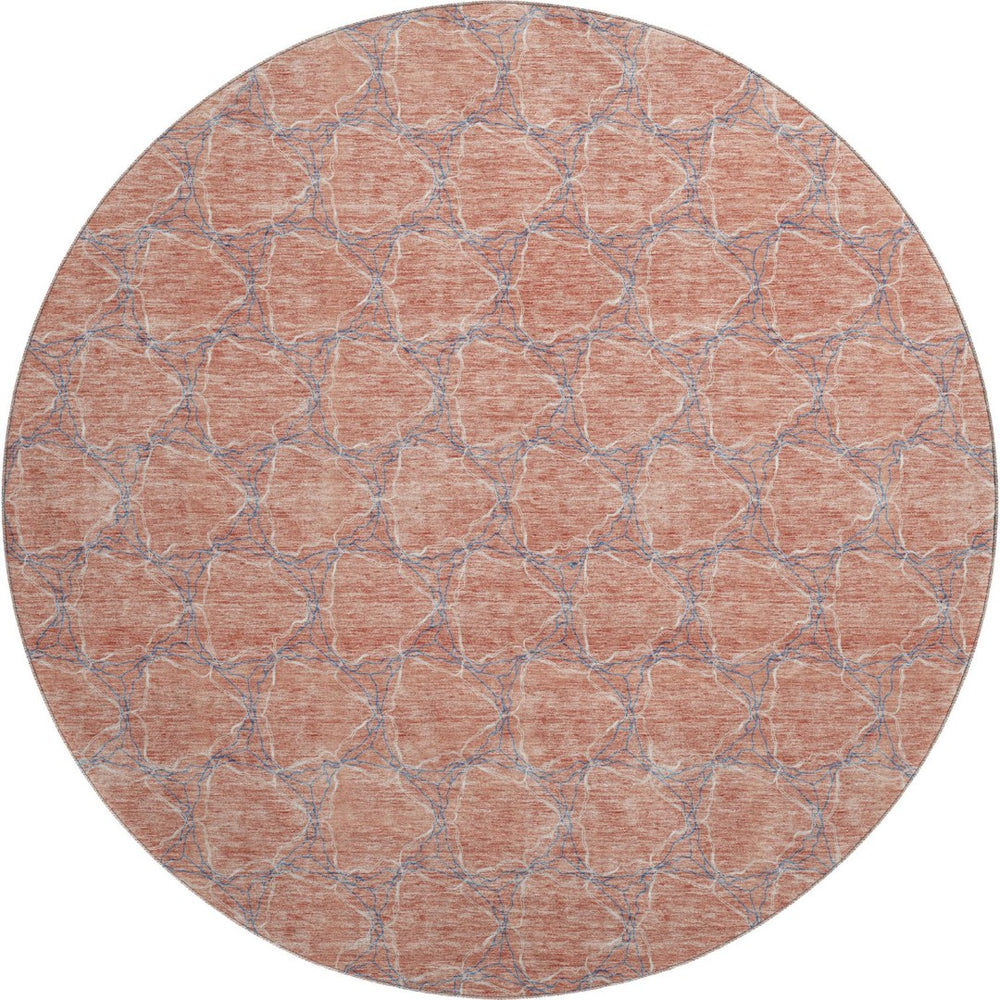 HomeRoots 8' Salmon Ivory and Blue Geometric Round Rug - Washable, UV Protected, Perfect for High-Traffic Areas 676077