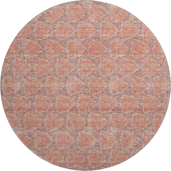 HomeRoots 8' Salmon Ivory and Blue Geometric Round Rug - Washable, UV Protected, Perfect for High-Traffic Areas 676077