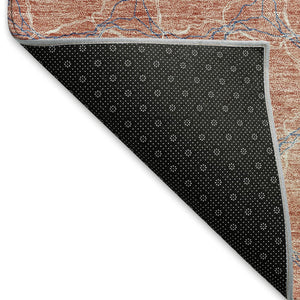 HomeRoots 8' Salmon Ivory and Blue Geometric Round Rug - Washable, UV Protected, Perfect for High-Traffic Areas 676077
