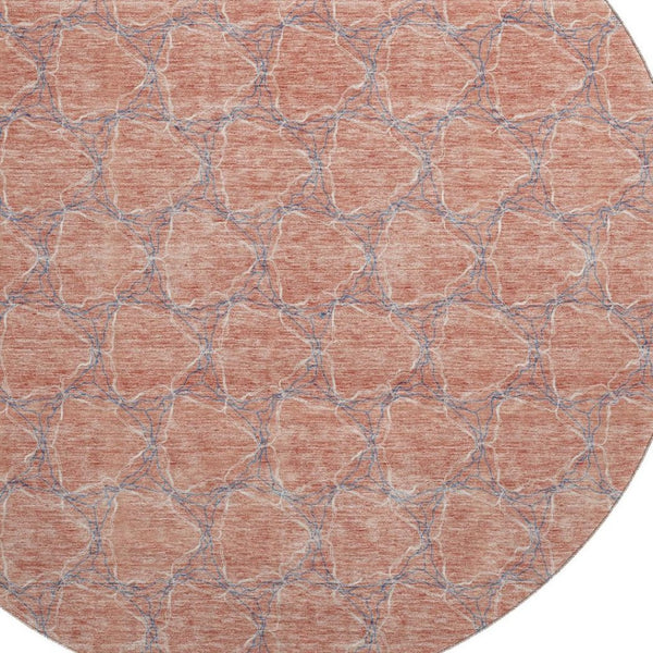 HomeRoots 8' Salmon Ivory and Blue Geometric Round Rug - Washable, UV Protected, Perfect for High-Traffic Areas 676077