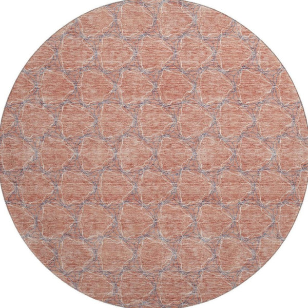 HomeRoots 8' Salmon Ivory and Blue Geometric Round Rug - Washable, UV Protected, Perfect for High-Traffic Areas 676077