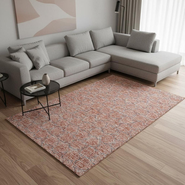 HomeRoots 8' X 10' Stylish Salmon, Ivory & Blue Geometric Area Rug - Washable, UV Protected for Everyday Living 676078