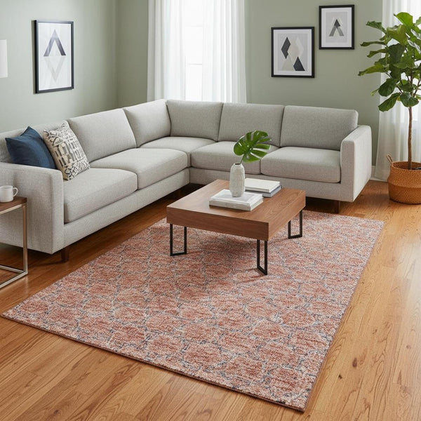 HomeRoots 9' x 12' Salmon Ivory Blue Geometric Area Rug - Stylish, Washable, UV-Protected for Everyday Life 676079