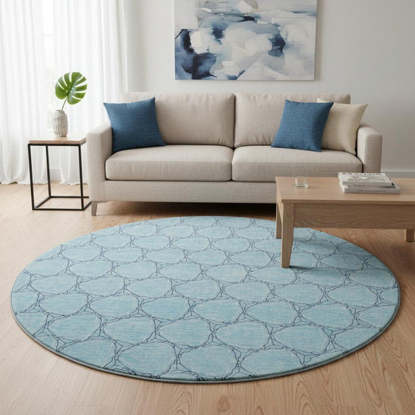 HomeRoots 8' Sky Blue and Ivory Geometric Round Rug - Washable, UV Protected, Stain Resistant for Busy Homes 676083