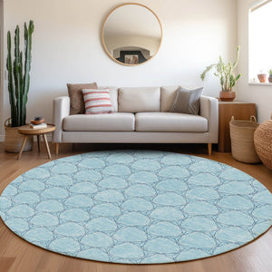 HomeRoots 8' Sky Blue and Ivory Geometric Round Rug - Washable, UV Protected, Stain Resistant for Busy Homes 676083