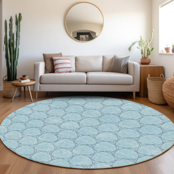 HomeRoots 8' Sky Blue and Ivory Geometric Round Rug - Washable, UV Protected, Stain Resistant for Busy Homes 676083
