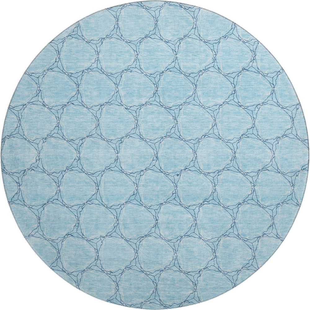 HomeRoots 8' Sky Blue and Ivory Geometric Round Rug - Washable, UV Protected, Stain Resistant for Busy Homes 676083