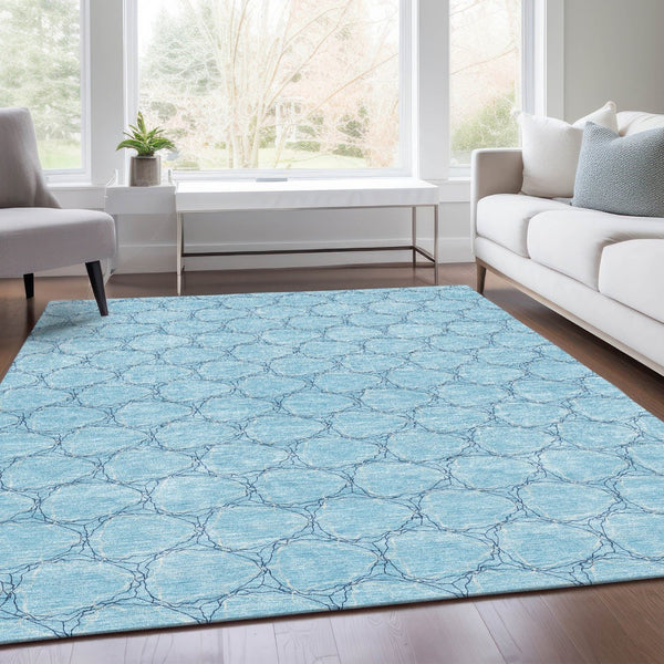 HomeRoots 9' X 12' Sky Blue & Ivory Geometric Area Rug - Washable, Stain-Resistant, UV Protected for High-Traffic Spaces 676085
