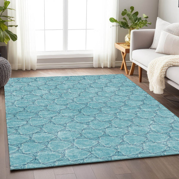 HomeRoots 5' X 8' Teal And Ivory Geometric Area Rug – Stylish, Washable, UV-Protected for High-Traffic Spaces 676088
