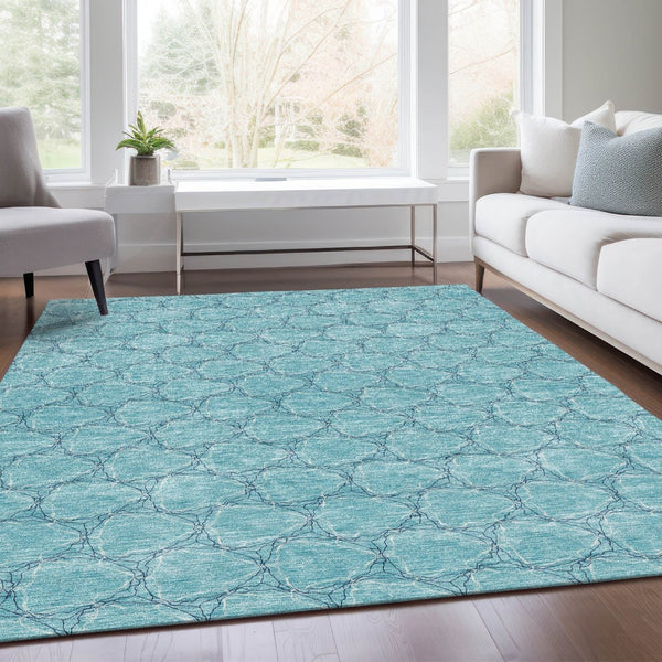 HomeRoots 5' X 8' Teal And Ivory Geometric Area Rug – Stylish, Washable, UV-Protected for High-Traffic Spaces 676088