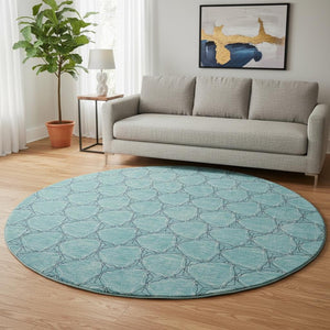 HomeRoots 8' Teal and Ivory Geometric Round Rug – Washable, UV-Protected, Stylish Design for Modern Spaces 676089