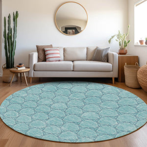 HomeRoots 8' Teal and Ivory Geometric Round Rug – Washable, UV-Protected, Stylish Design for Modern Spaces 676089