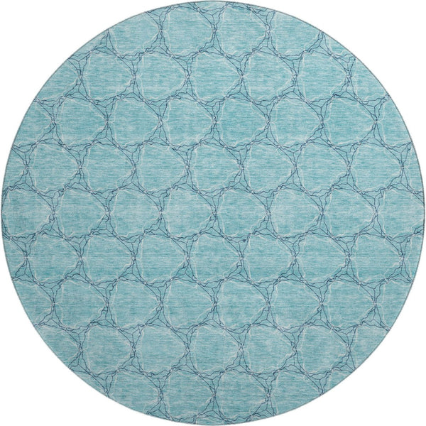 HomeRoots 8' Teal and Ivory Geometric Round Rug – Washable, UV-Protected, Stylish Design for Modern Spaces 676089