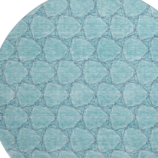 HomeRoots 8' Teal and Ivory Geometric Round Rug – Washable, UV-Protected, Stylish Design for Modern Spaces 676089
