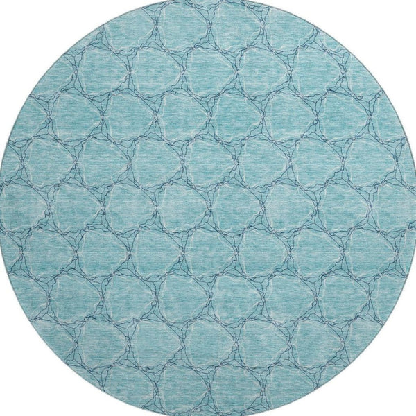 HomeRoots 8' Teal and Ivory Geometric Round Rug – Washable, UV-Protected, Stylish Design for Modern Spaces 676089