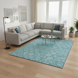 HomeRoots 8' X 10' Teal and Ivory Geometric Area Rug – Durable, Washable, Stain-Resistant & UV Protected 676090