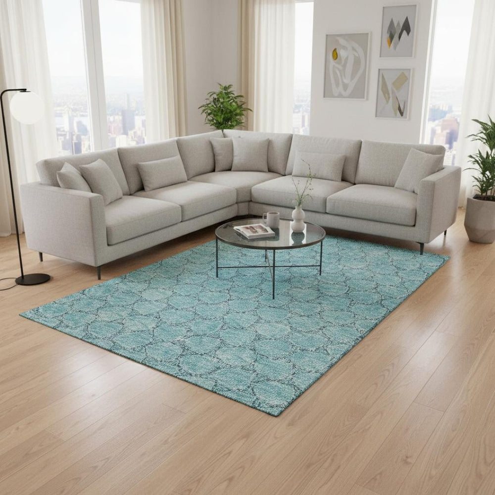 HomeRoots 9' X 12' Teal and Ivory Geometric Area Rug - Durable, Stain-Resistant, UV Protected for Indoor & Outdoor Use 676091