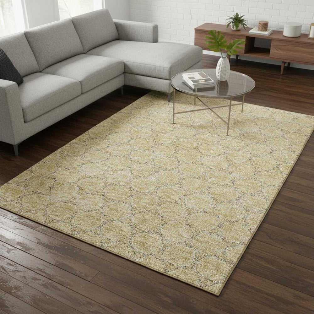 HomeRoots 9' X 12' Modern Wheat Ivory Gray Geometric Washable Area Rug with UV Protection for High-Traffic Spaces 676097