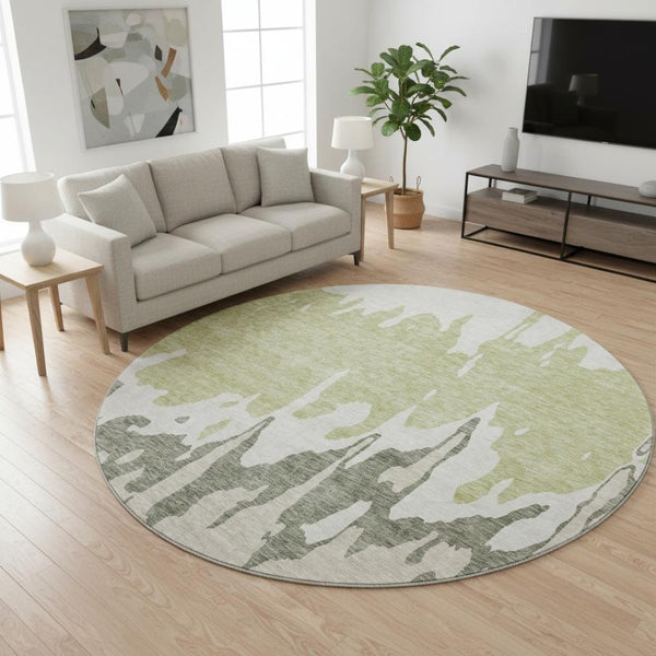 HomeRoots 8' Modern Artichoke Green Beige Ivory Abstract Washable Round Rug with UV Protection & Durability 676101