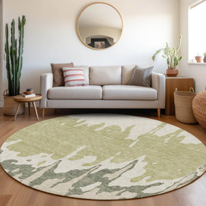 HomeRoots 8' Modern Artichoke Green Beige Ivory Abstract Washable Round Rug with UV Protection & Durability 676101