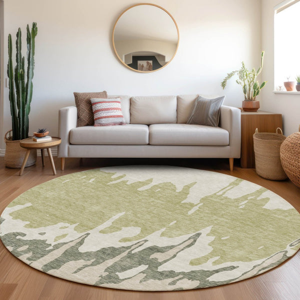 HomeRoots 8' Modern Artichoke Green Beige Ivory Abstract Washable Round Rug with UV Protection & Durability 676101