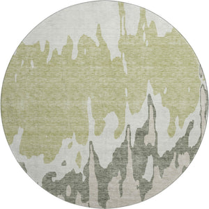 HomeRoots 8' Modern Artichoke Green Beige Ivory Abstract Washable Round Rug with UV Protection & Durability 676101