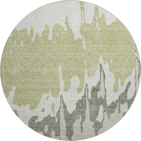 HomeRoots 8' Modern Artichoke Green Beige Ivory Abstract Washable Round Rug with UV Protection & Durability 676101