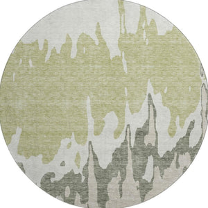 HomeRoots 8' Modern Artichoke Green Beige Ivory Abstract Washable Round Rug with UV Protection & Durability 676101
