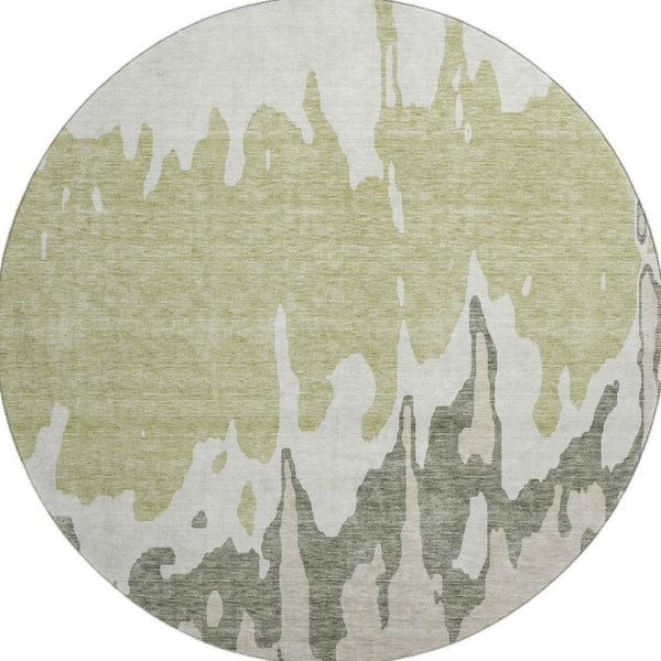 HomeRoots 8' Modern Artichoke Green Beige Ivory Abstract Washable Round Rug with UV Protection & Durability 676101