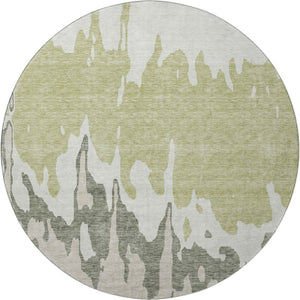 HomeRoots 8' Modern Artichoke Green Beige Ivory Abstract Washable Round Rug with UV Protection & Durability 676101