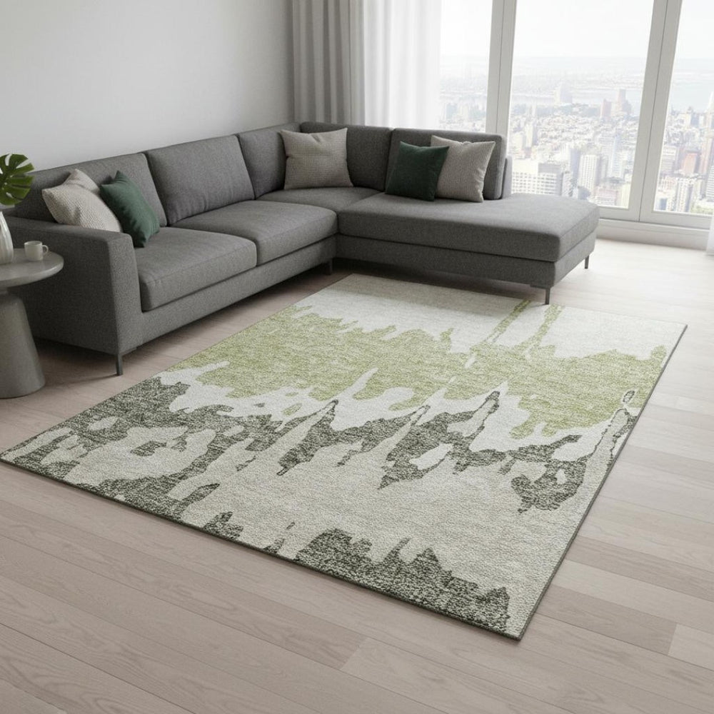 HomeRoots 9' X 12' Artichoke Green Abstract Area Rug - Durable, Stain-Resistant, Washable with UV Protection 676103