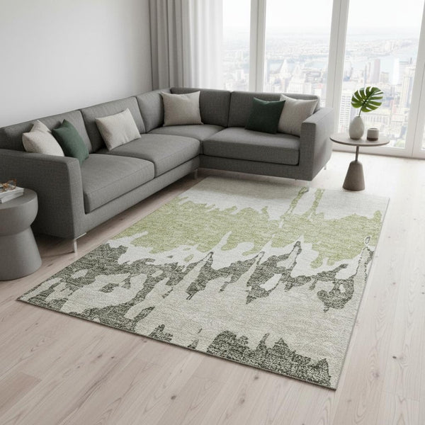 HomeRoots 10' Abstract Artichoke Green Beige Ivory Washable Area Rug with UV Protection for Modern Spaces 676104