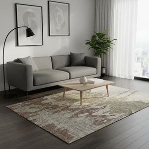 HomeRoots 5' X 8' Stylish Beige and Brown Abstract Washable Area Rug with UV Protection for Modern Homes 676106