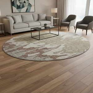 HomeRoots 8' Beige Taupe & Brown Abstract Washable Round Rug - Durable, Stain-Resistant, UV Protected Design! 676107