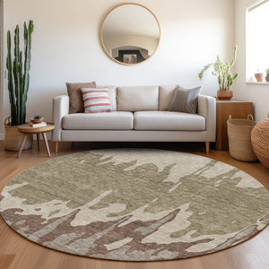 HomeRoots 8' Beige Taupe & Brown Abstract Washable Round Rug - Durable, Stain-Resistant, UV Protected Design! 676107