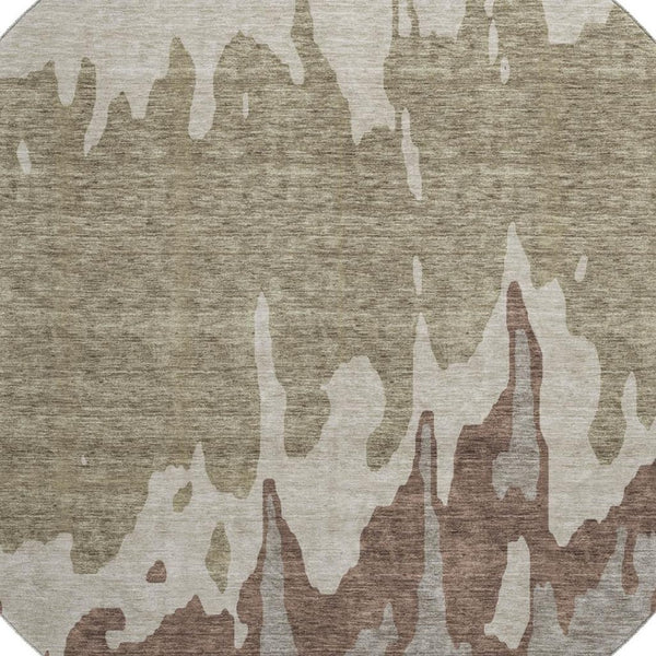 HomeRoots 8' Beige Taupe & Brown Abstract Washable Round Rug - Durable, Stain-Resistant, UV Protected Design! 676107