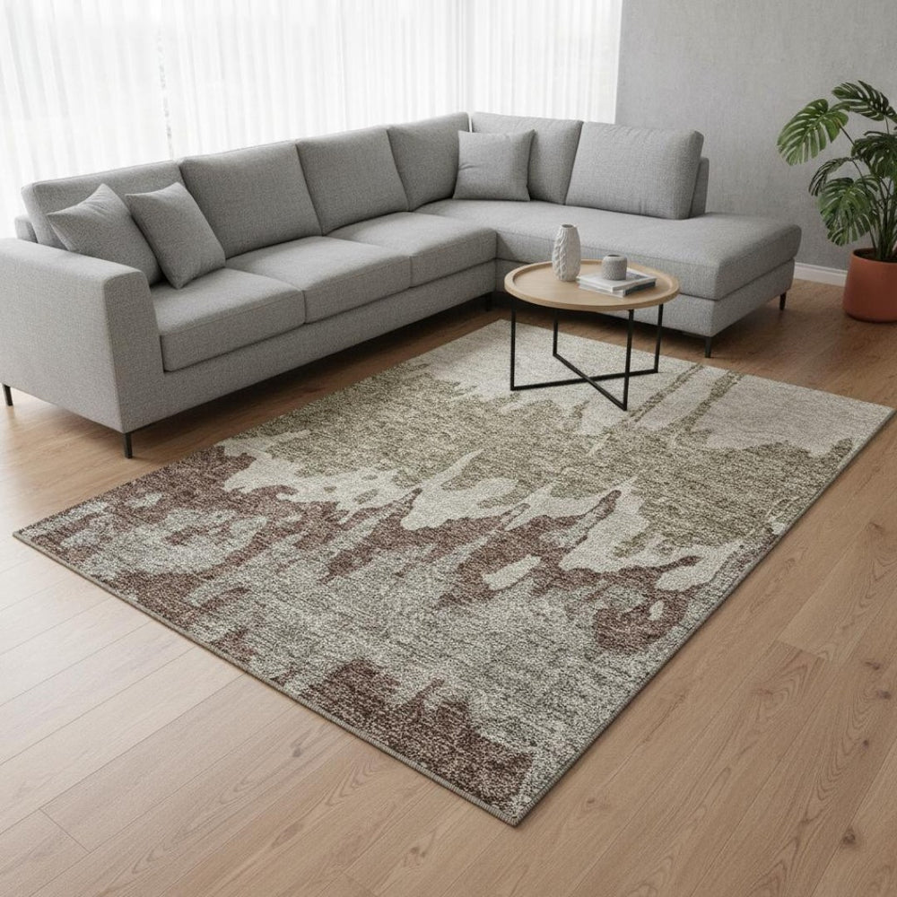 HomeRoots 9' X 12' Modern Beige Taupe Brown Abstract Area Rug - Washable, UV Protected, Durable & Stylish 676109