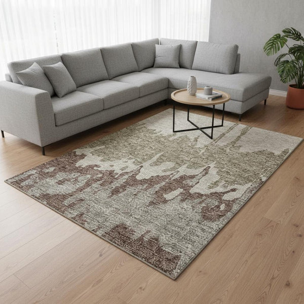 HomeRoots 9' X 12' Modern Beige Taupe Brown Abstract Area Rug - Washable, UV Protected, Durable & Stylish 676109