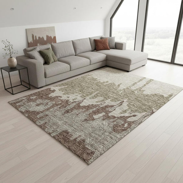 HomeRoots 10' X 14' Warm Beige Taupe Brown Abstract Washable Area Rug with UV Protection for Modern Spaces 676110