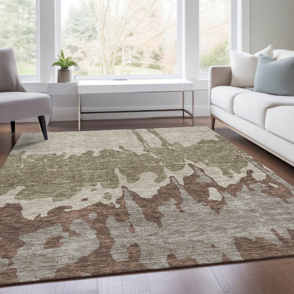 HomeRoots 10' X 14' Warm Beige Taupe Brown Abstract Washable Area Rug with UV Protection for Modern Spaces 676110