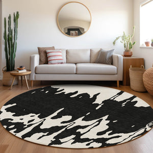 HomeRoots 8' Black And Ivory Abstract Round Rug - Washable, Stain-Resistant, UV Protected for Modern Spaces 676113