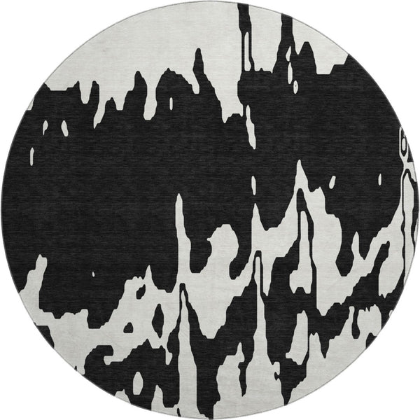 HomeRoots 8' Black And Ivory Abstract Round Rug - Washable, Stain-Resistant, UV Protected for Modern Spaces 676113